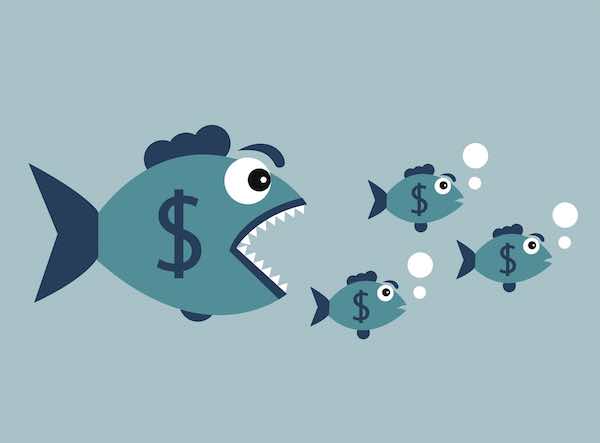 Illustration of a big fish with a dollar badge trying to eat smaller fish (competition)
