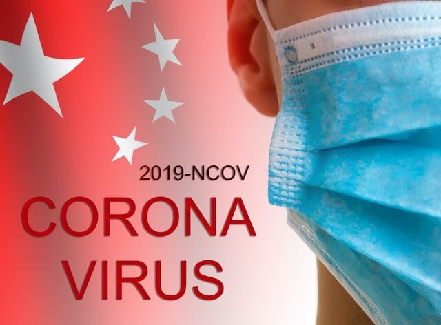 Close up of a person's face wearing a surgical mask with the words 'corona virus' printed next to it overlaid on top of the stars from the Chinese flag