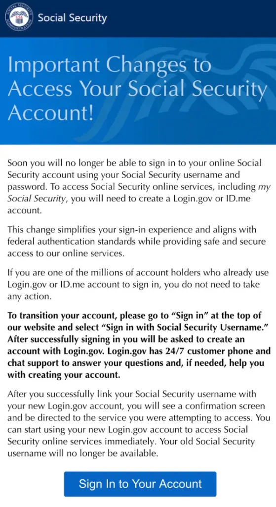 Screenshot of SSA email about changing over to login.gov